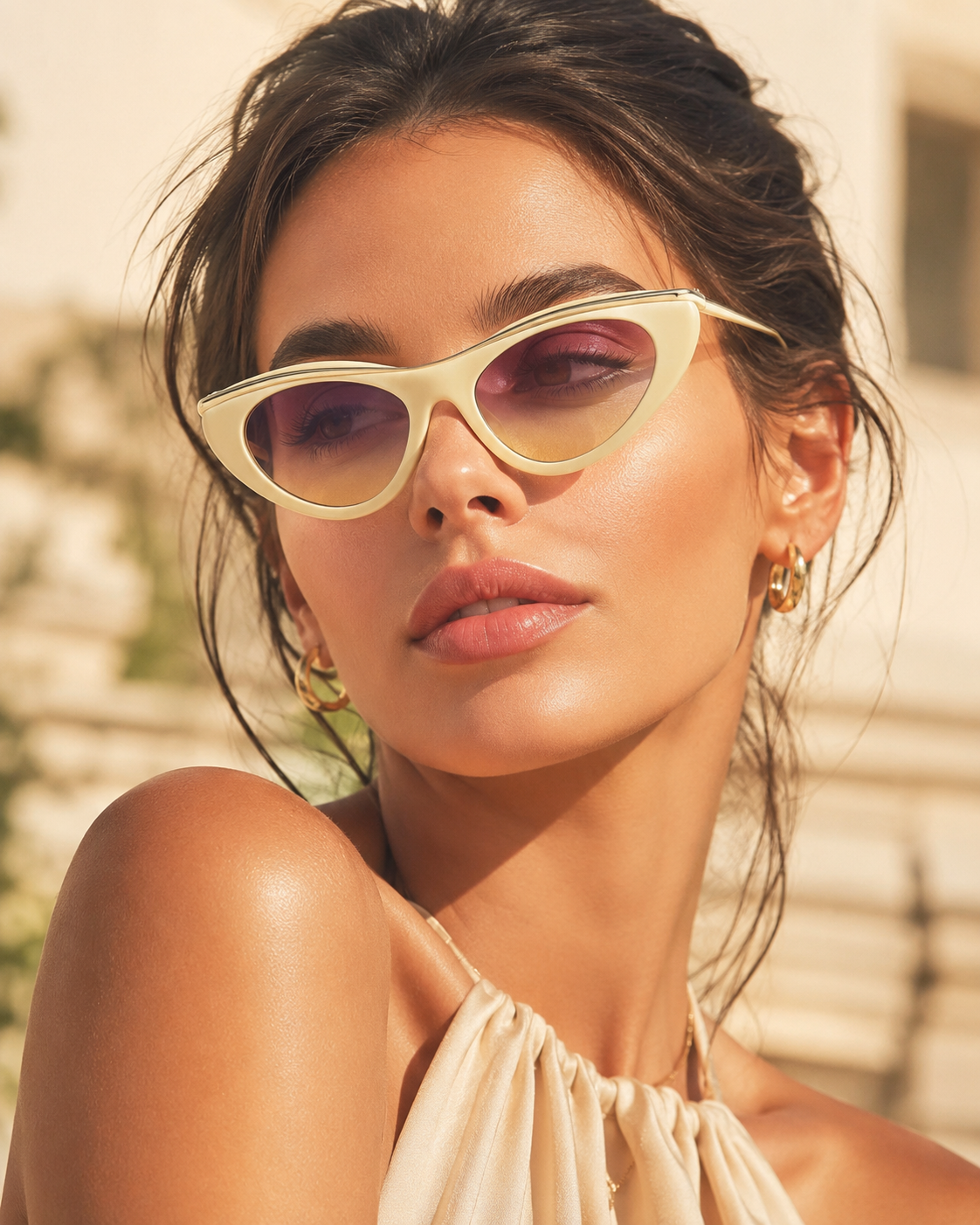 Camille Cat Eye Sunglasses with Gold Tone Brow Bar-CLAYRY