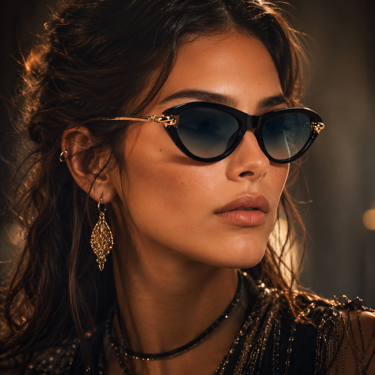 Capri Cat Eye Sunglasses with Gold Tone Link Detail-CLAYRY