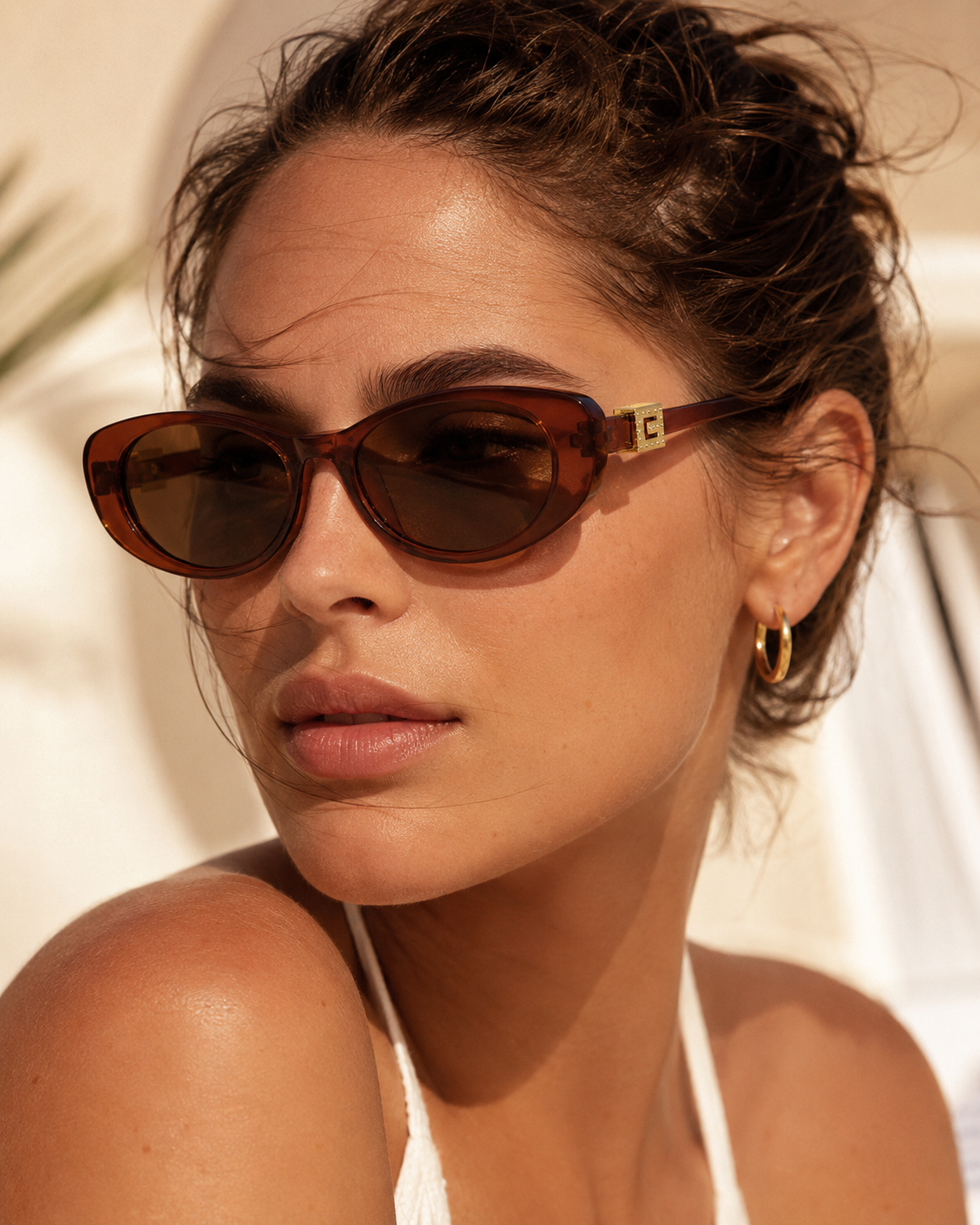 Gia Oval Cat Eye Sunglasses with Gold Tone Hinge Detail-CLAYRY