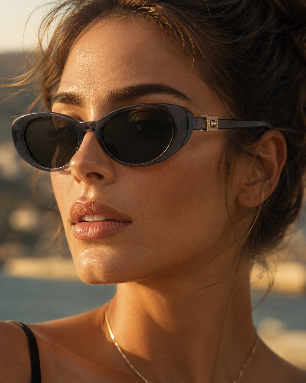 Gia Oval Cat Eye Sunglasses with Gold Tone Hinge Detail-CLAYRY