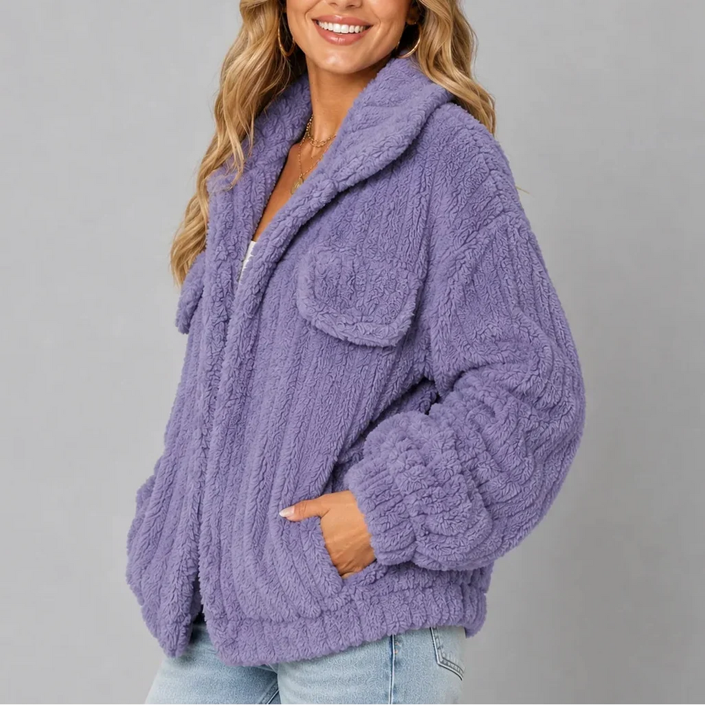 Women's Cozy Fleece Jacket with Wide Collar and Relaxed Fit-CLAYRY