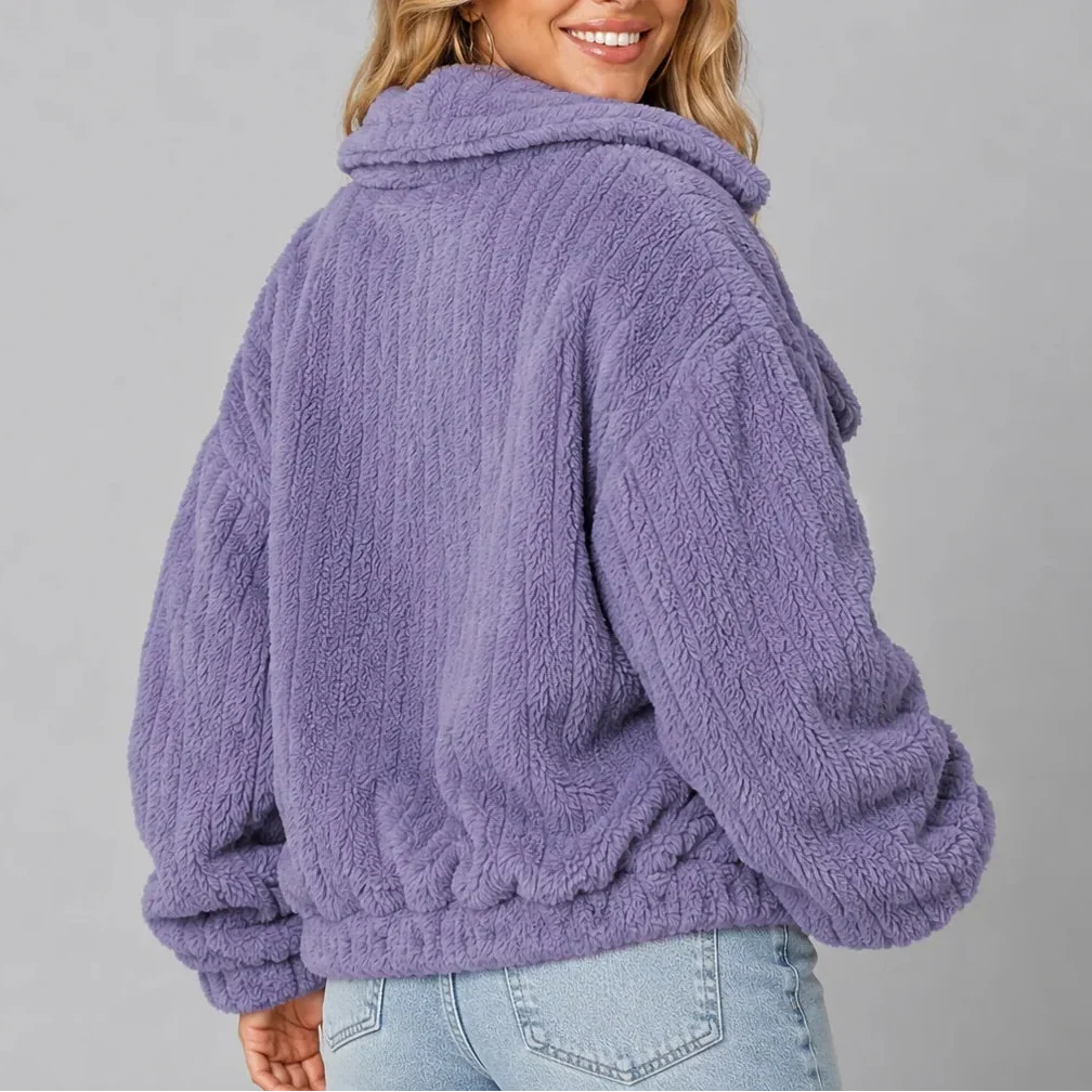 Women's Cozy Fleece Jacket with Wide Collar and Relaxed Fit-CLAYRY