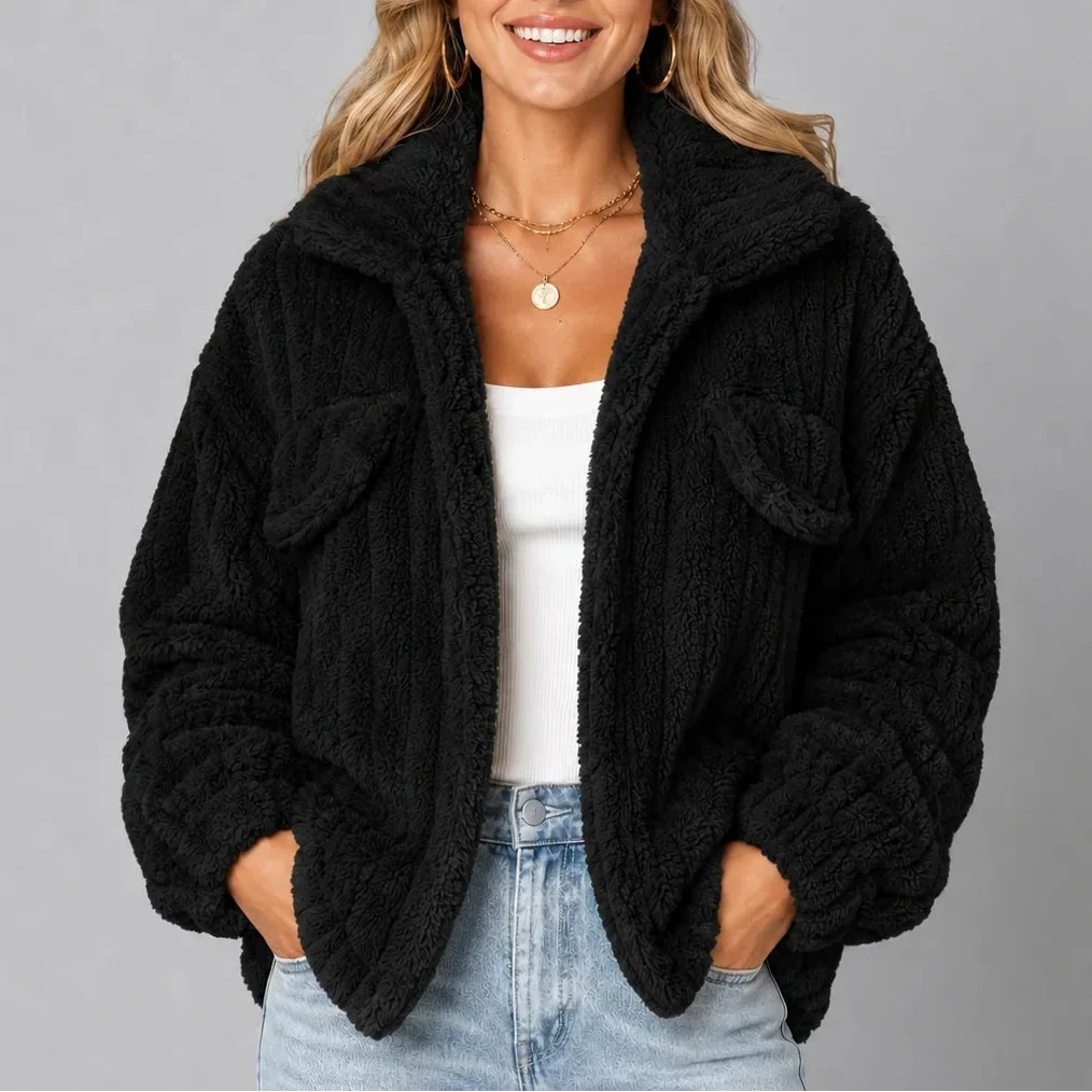 Women's Cozy Fleece Jacket with Wide Collar and Relaxed Fit-CLAYRY