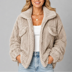 Women's Cozy Fleece Jacket with Wide Collar and Relaxed Fit-CLAYRY