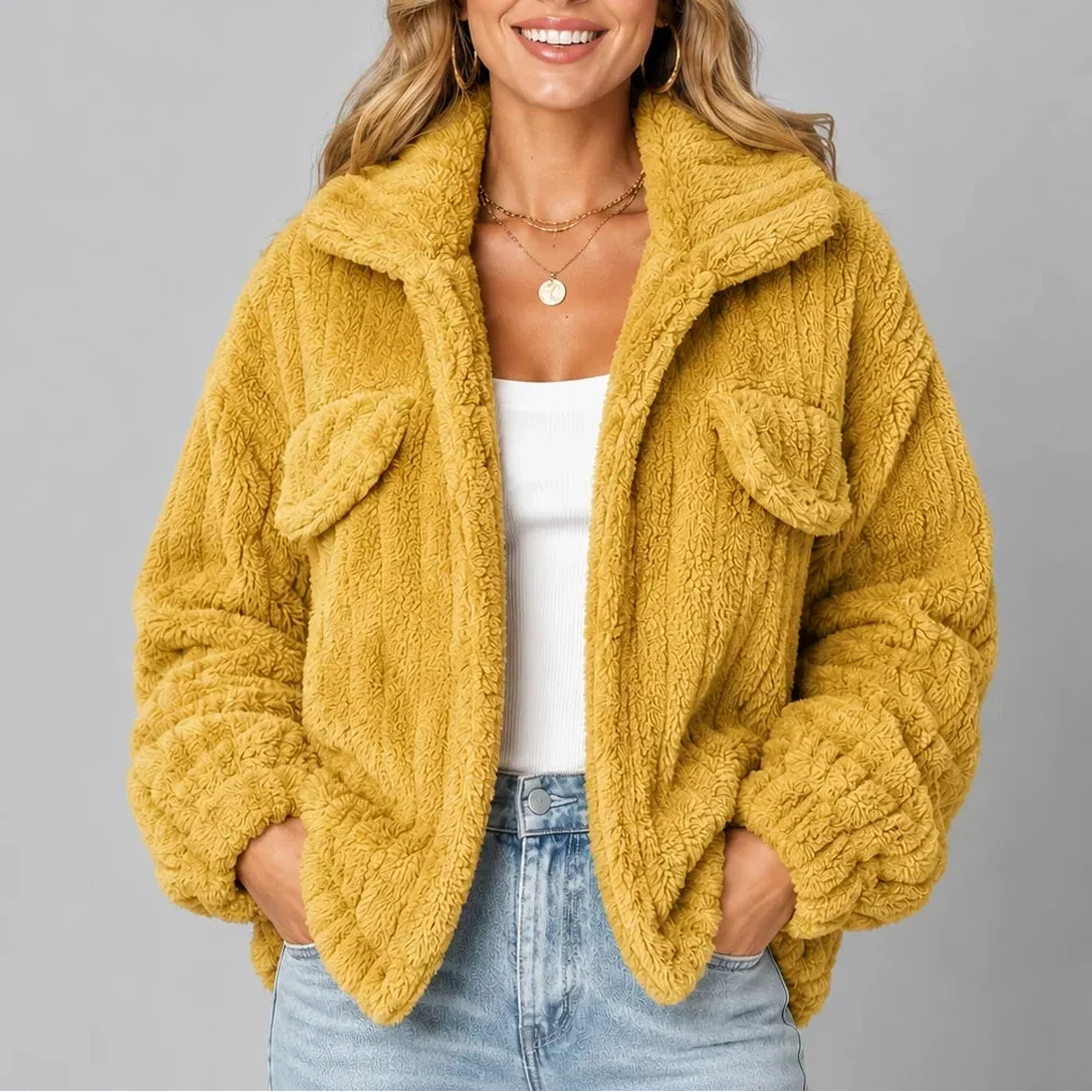 Women's Cozy Fleece Jacket with Wide Collar and Relaxed Fit-CLAYRY