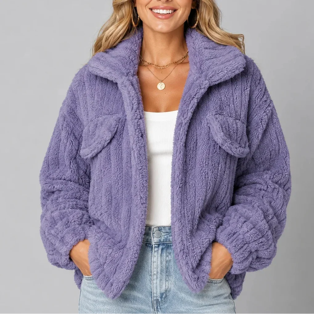Women's Cozy Fleece Jacket with Wide Collar and Relaxed Fit-CLAYRY