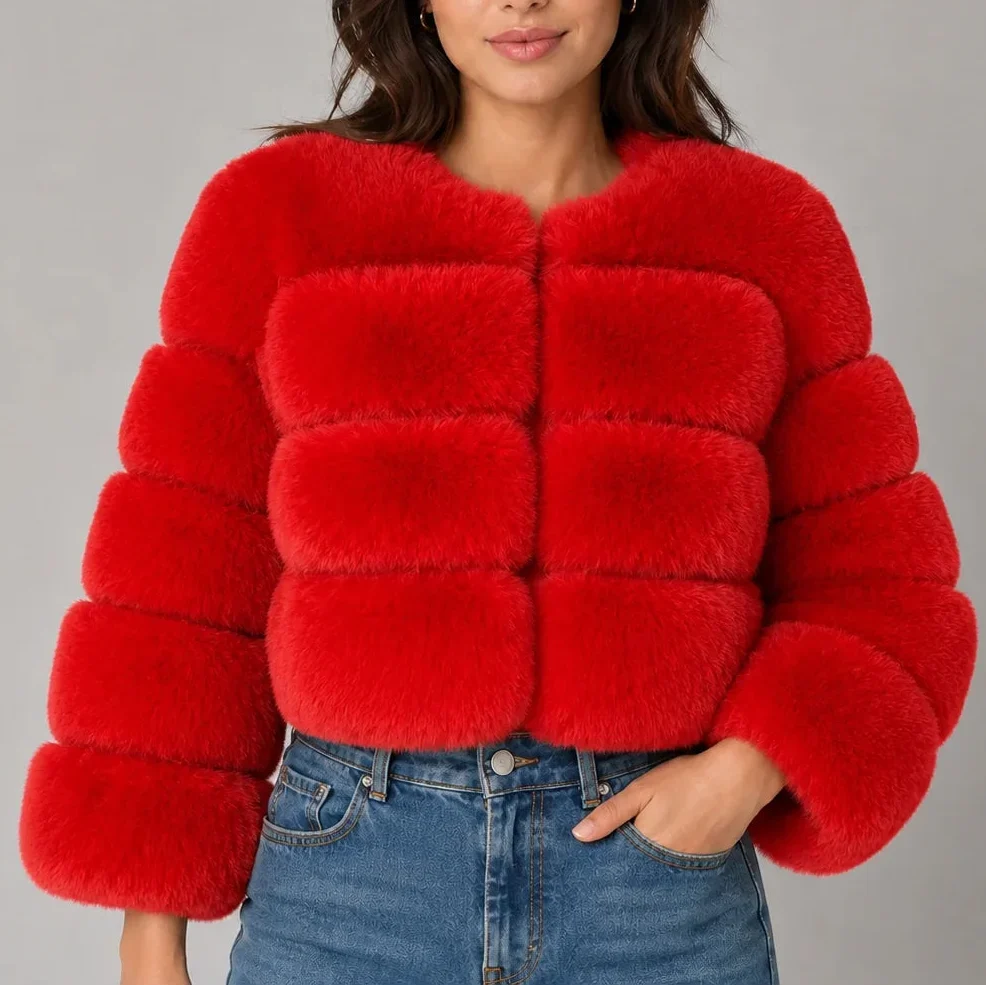 Women's Cropped Faux Fur Jacket with Round Neck & Long Sleeves-CLAYRY