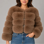 Women's Cropped Faux Fur Jacket with Round Neck & Long Sleeves-CLAYRY