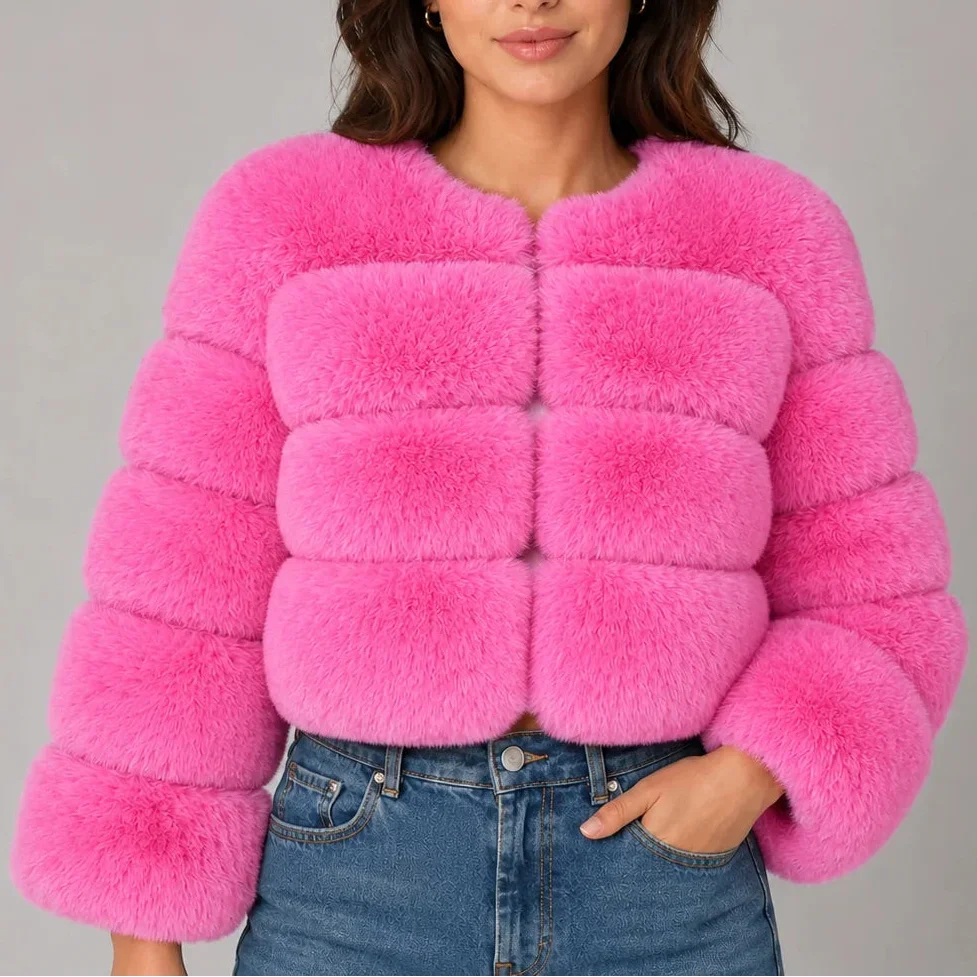 Women's Cropped Faux Fur Jacket with Round Neck & Long Sleeves-CLAYRY