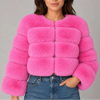 Women's Cropped Faux Fur Jacket with Round Neck & Long Sleeves-CLAYRY