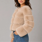 Women's Cropped Faux Fur Jacket with Round Neck & Long Sleeves-CLAYRY