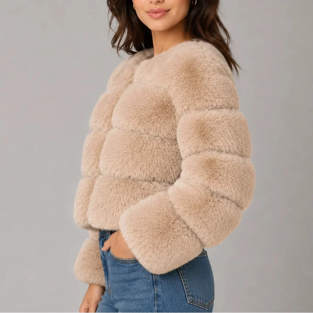Women's Cropped Faux Fur Jacket with Round Neck & Long Sleeves-CLAYRY
