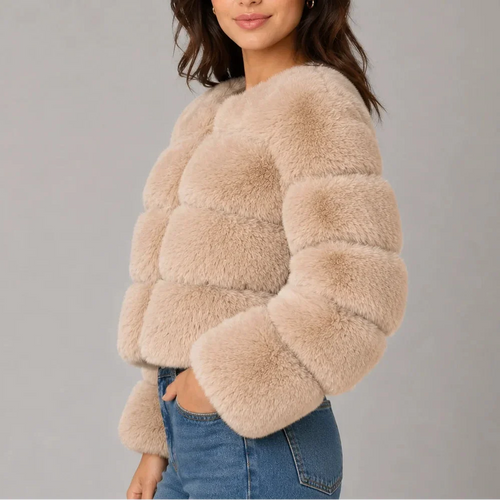 Women's Cropped Faux Fur Jacket with Round Neck & Long Sleeves-CLAYRY
