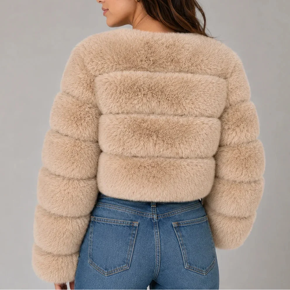 Women's Cropped Faux Fur Jacket with Round Neck & Long Sleeves-CLAYRY