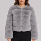 Women's Cropped Faux Fur Jacket with Round Neck & Long Sleeves-CLAYRY