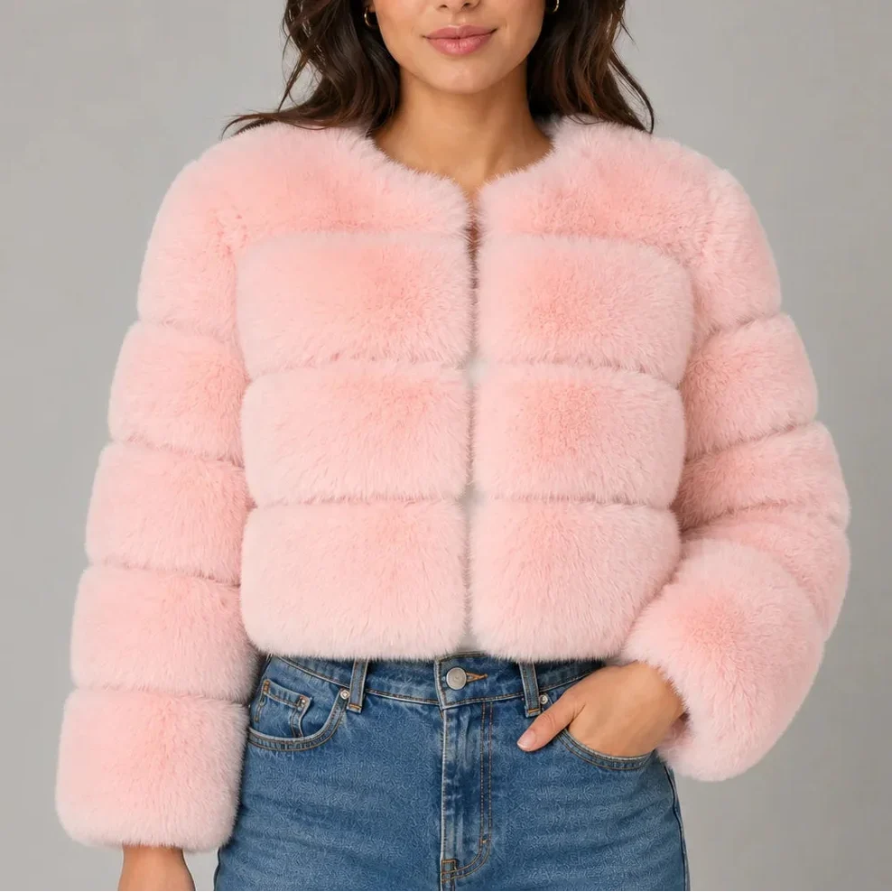 Women's Cropped Faux Fur Jacket with Round Neck & Long Sleeves-CLAYRY