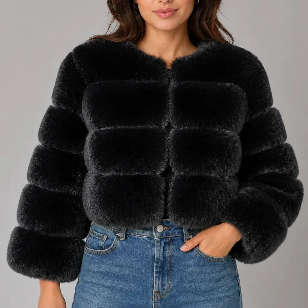 Women's Cropped Faux Fur Jacket with Round Neck & Long Sleeves-CLAYRY