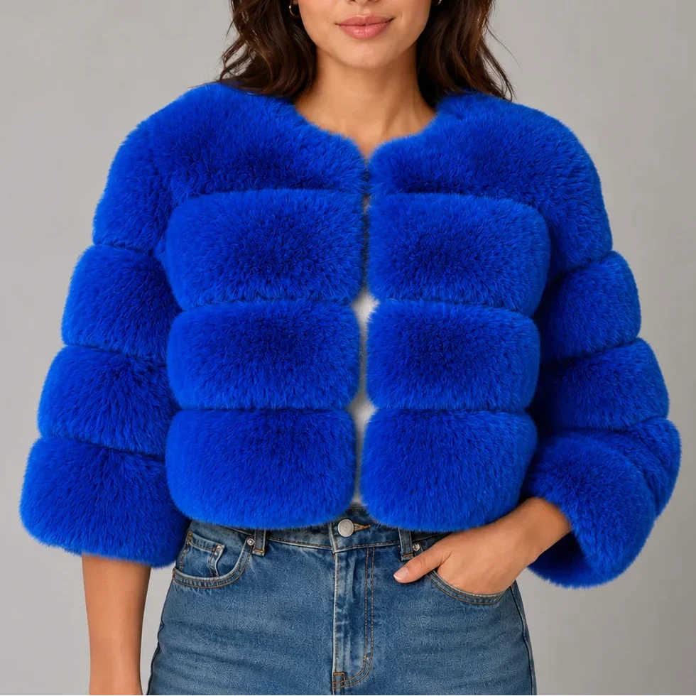 Women's Cropped Faux Fur Jacket with Round Neck & Long Sleeves-CLAYRY