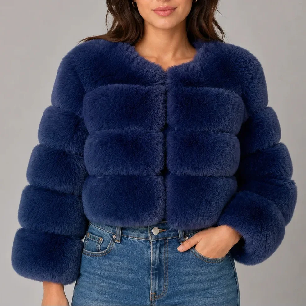 Women's Cropped Faux Fur Jacket with Round Neck & Long Sleeves-CLAYRY