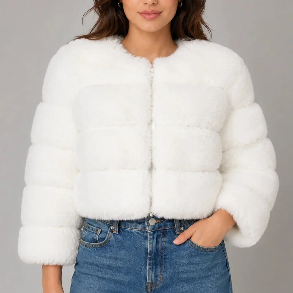 Women's Cropped Faux Fur Jacket with Round Neck & Long Sleeves-CLAYRY