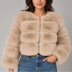 Women's Cropped Faux Fur Jacket with Round Neck & Long Sleeves-CLAYRY