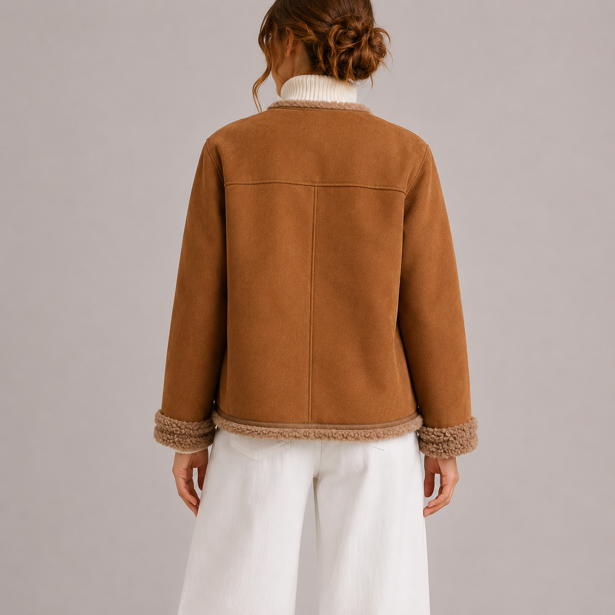 Women's Faux Suede Autumn Jacket with Shearling Detail-CLAYRY