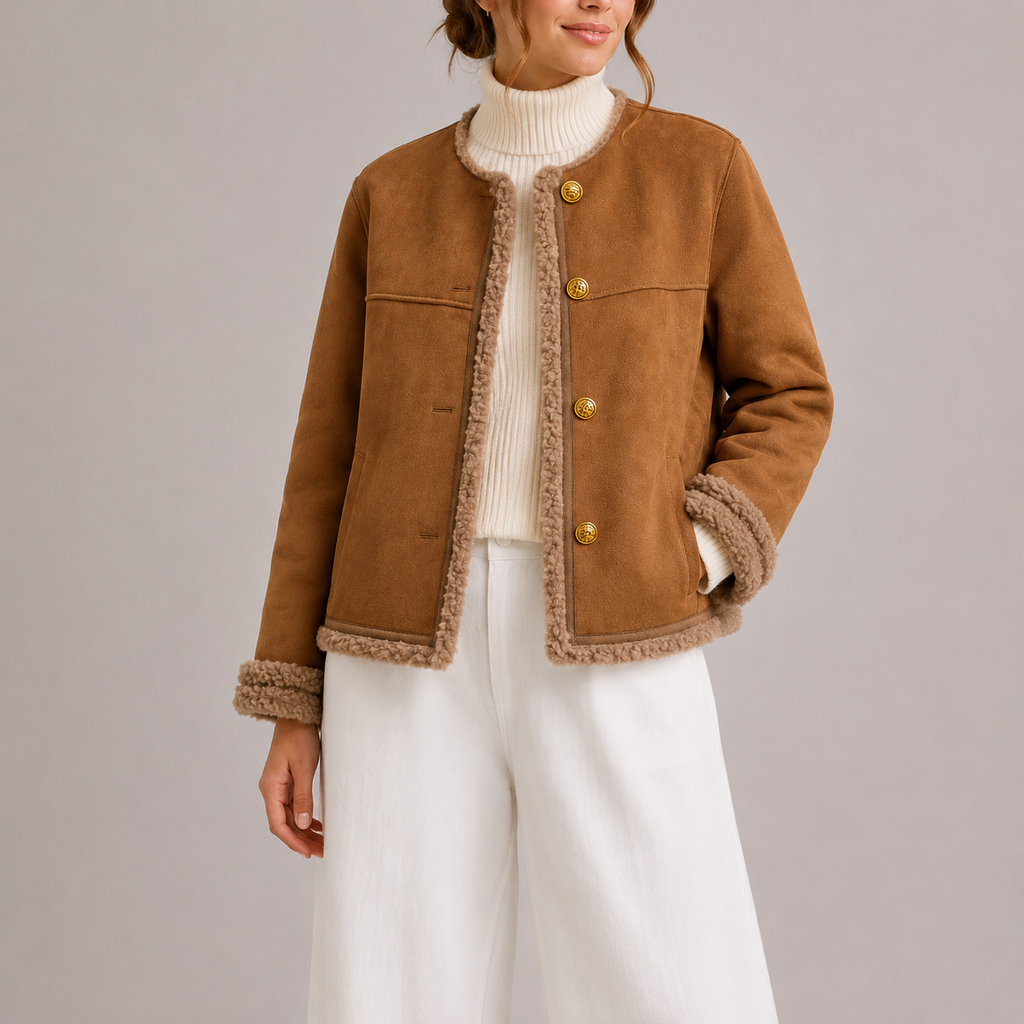 Women's Faux Suede Autumn Jacket with Shearling Detail-CLAYRY