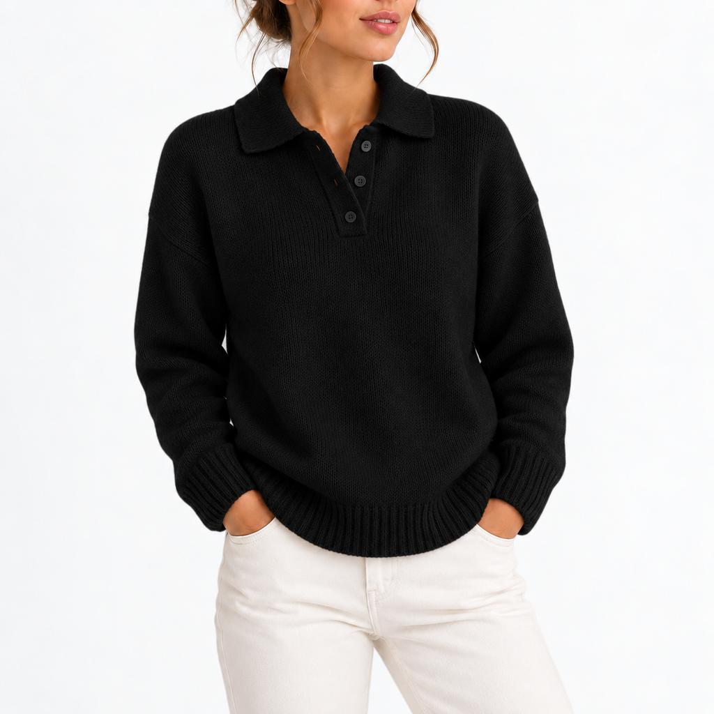 Women's Knit Collar Polo Sweater with Buttons-CLAYRY