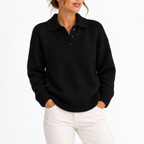 Women's Knit Collar Polo Sweater with Buttons-CLAYRY
