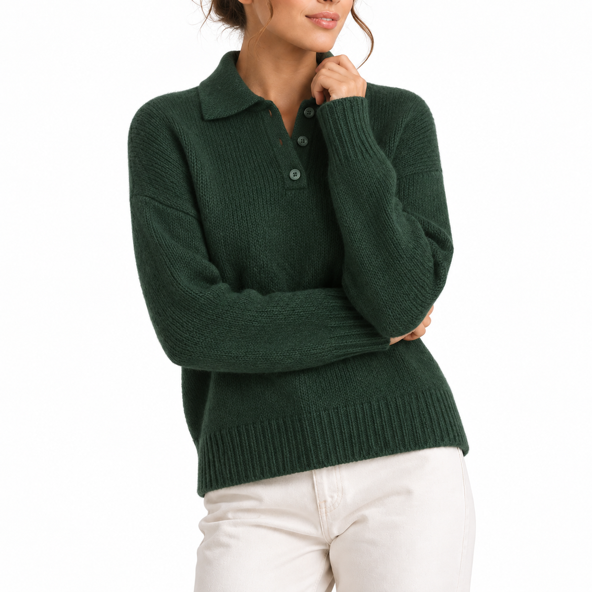 Women's Knit Collar Polo Sweater with Buttons-CLAYRY