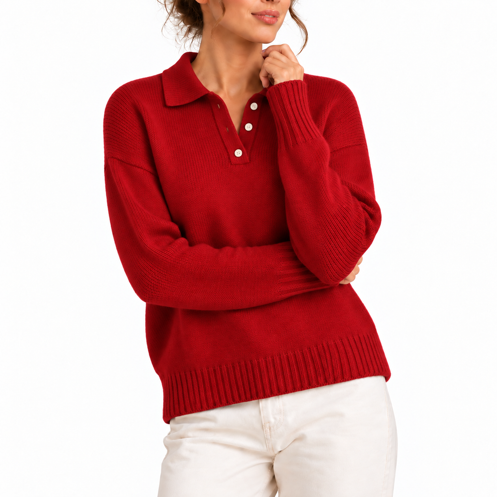 Women's Knit Collar Polo Sweater with Buttons-CLAYRY
