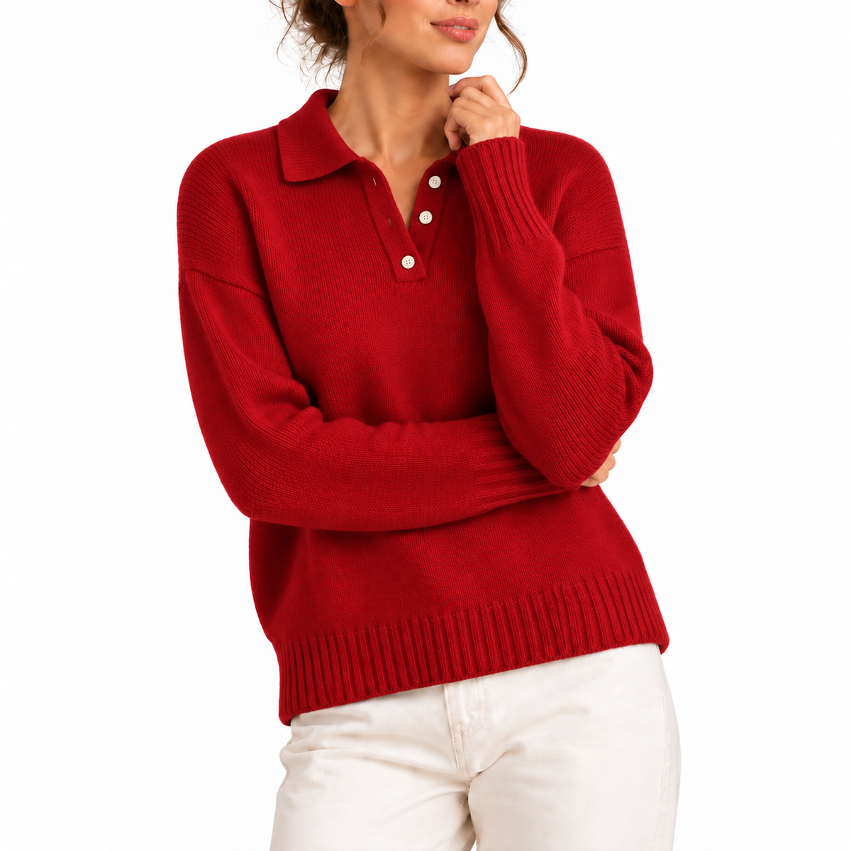 Women's Knit Collar Polo Sweater with Buttons-CLAYRY