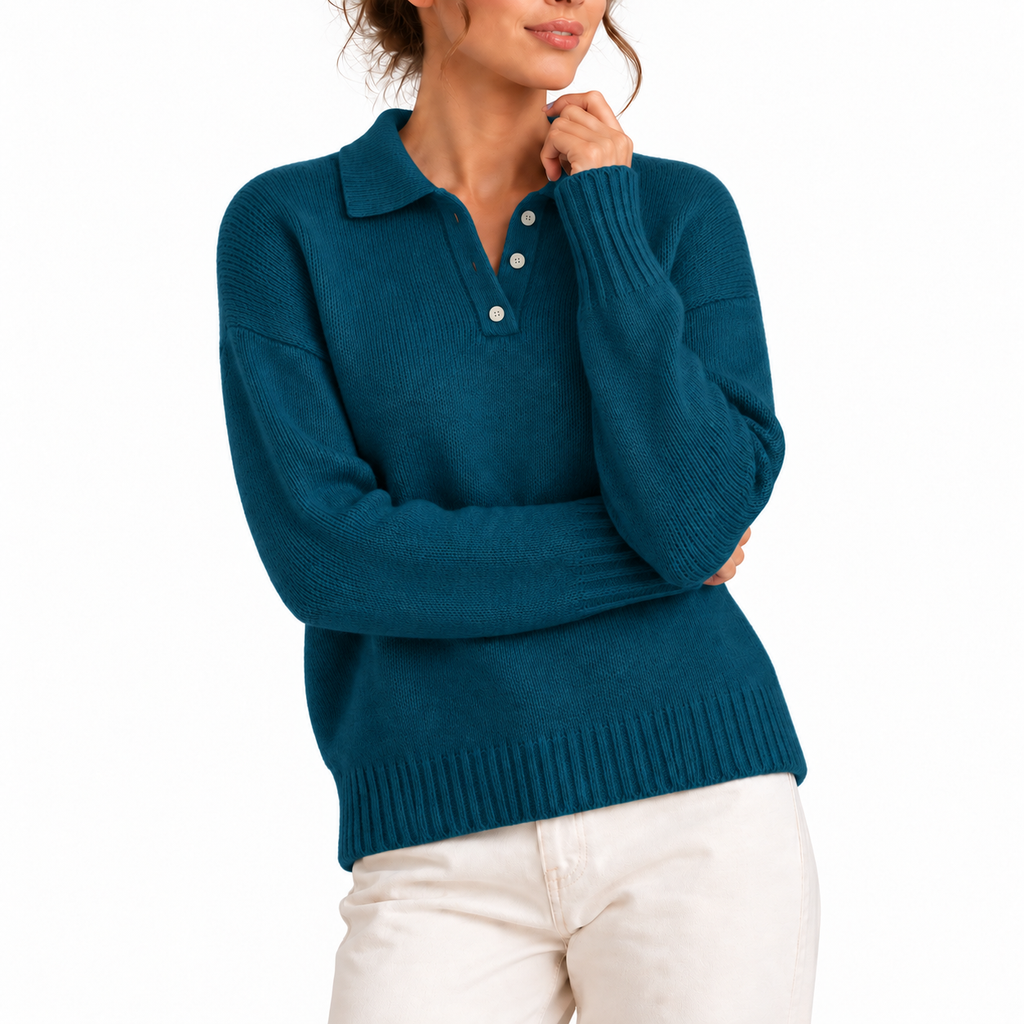 Women's Knit Collar Polo Sweater with Buttons-CLAYRY