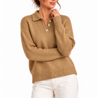 Women's Knit Collar Polo Sweater with Buttons-CLAYRY