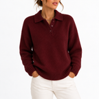 Women's Knit Collar Polo Sweater with Buttons-CLAYRY
