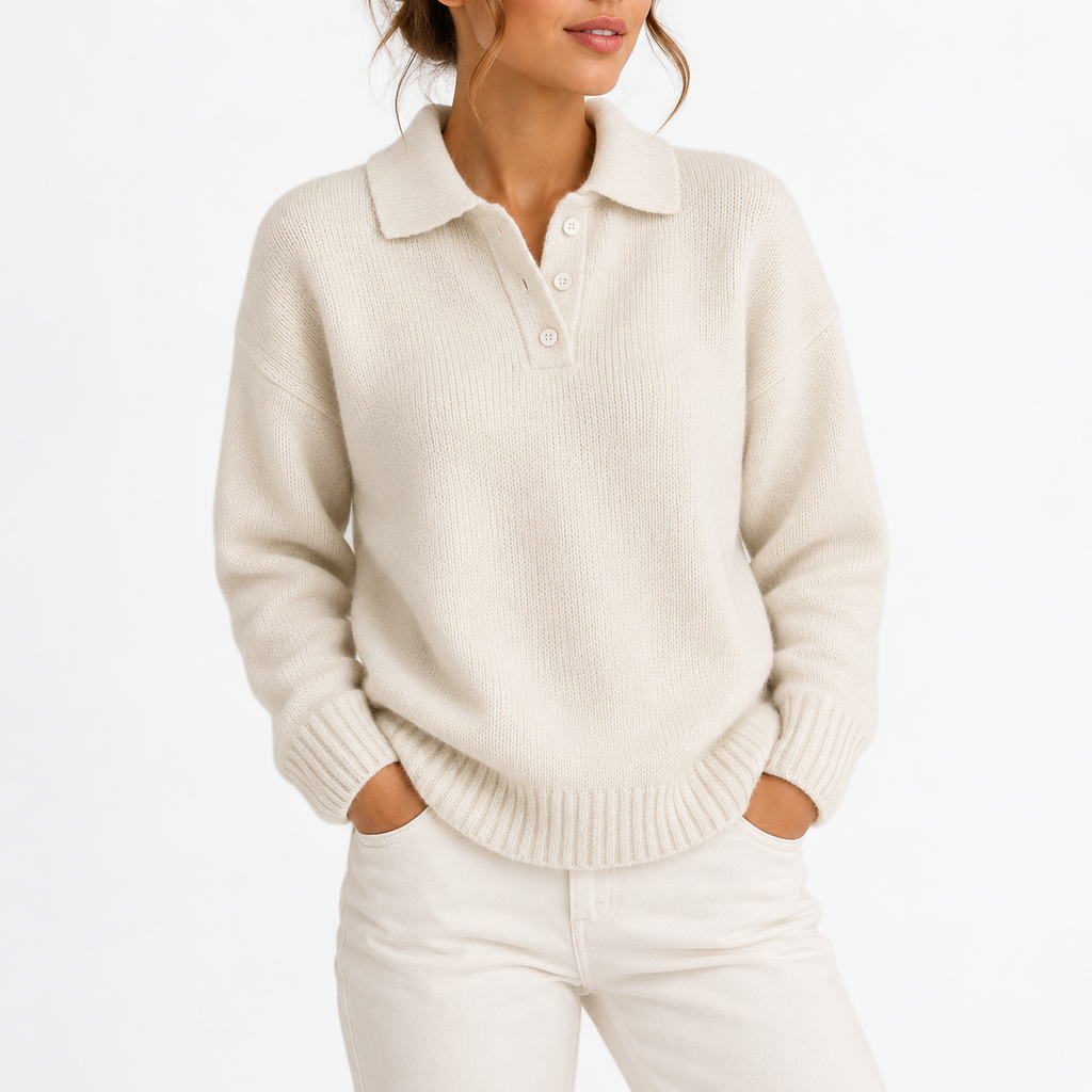 Women's Knit Collar Polo Sweater with Buttons-CLAYRY