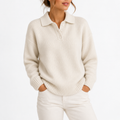 Women's Knit Collar Polo Sweater with Buttons-CLAYRY