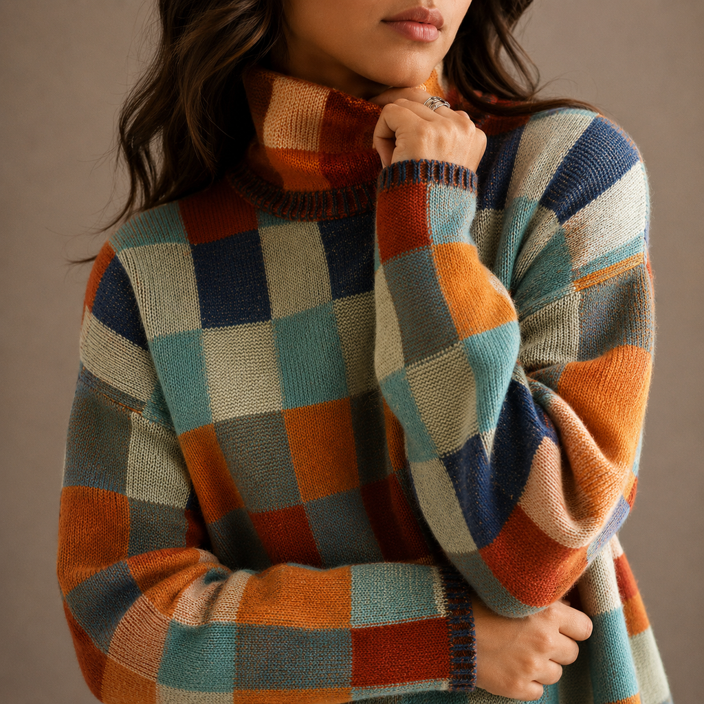 Women's Oversized Checkered Turtleneck Winter Knit Sweater-CLAYRY