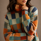 Women's Oversized Checkered Turtleneck Winter Knit Sweater-CLAYRY