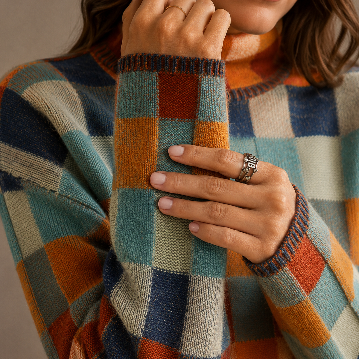 Women's Oversized Checkered Turtleneck Winter Knit Sweater-CLAYRY