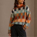 Women's Oversized Checkered Turtleneck Winter Knit Sweater-CLAYRY