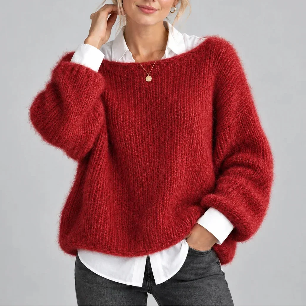 Women's Oversized Chunky Knit Sweater with Balloon Sleeves-CLAYRY