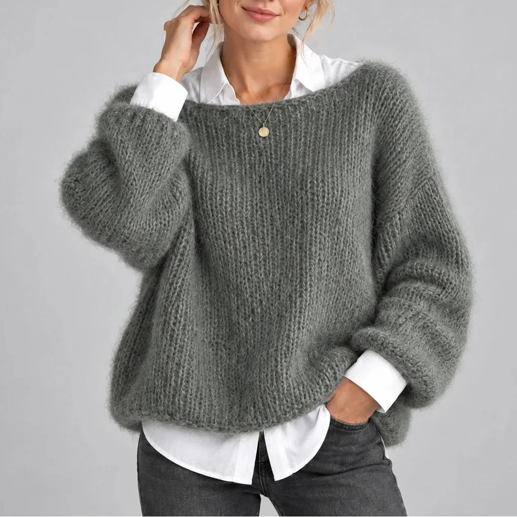 Women's Oversized Chunky Knit Sweater with Balloon Sleeves-CLAYRY