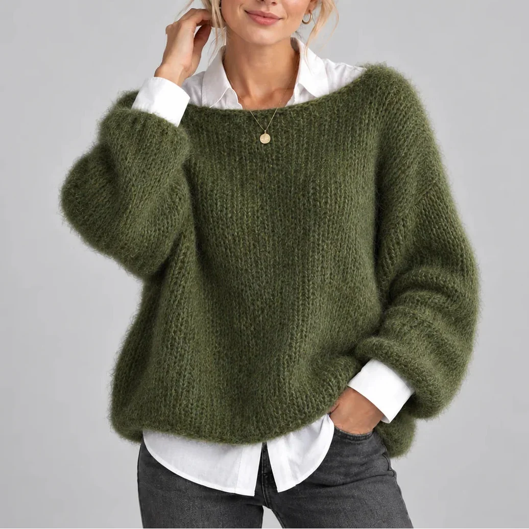 Women's Oversized Chunky Knit Sweater with Balloon Sleeves-CLAYRY