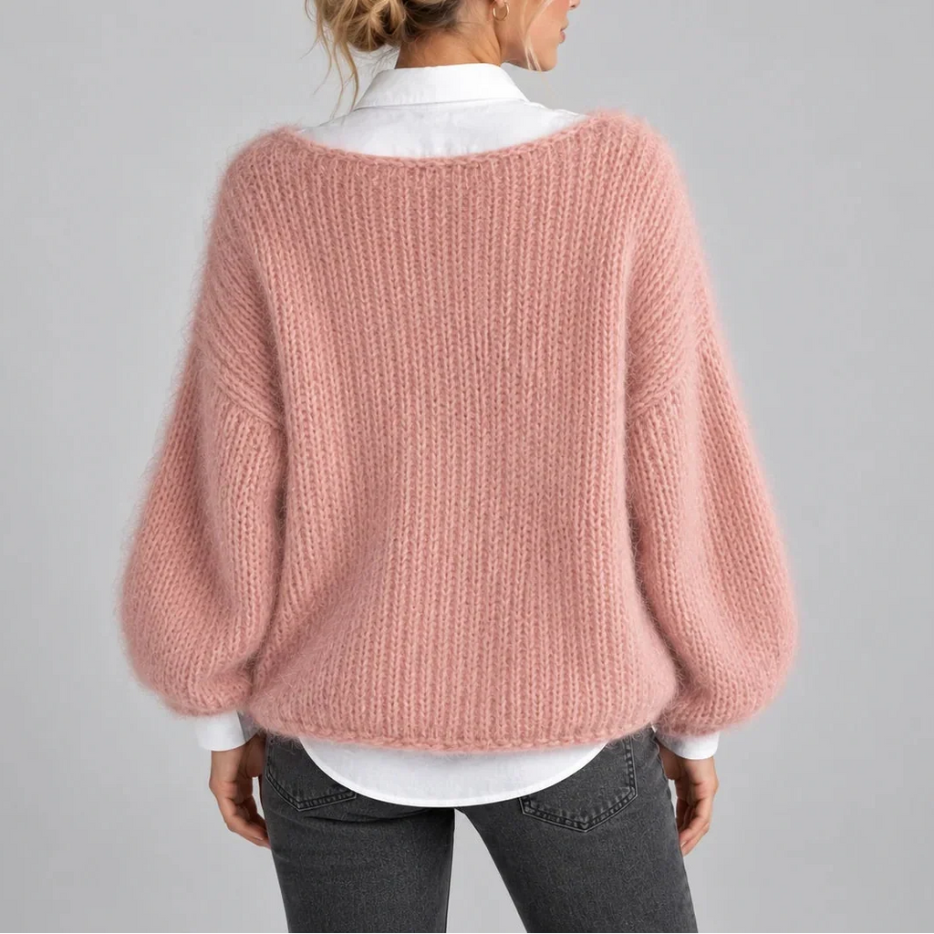 Women's Oversized Chunky Knit Sweater with Balloon Sleeves-CLAYRY