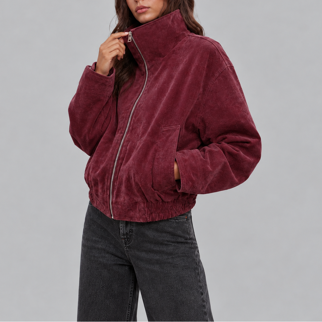 Women's Oversized Suede Bomber Jacket | Vintage Zip-Up Outerwear-CLAYRY