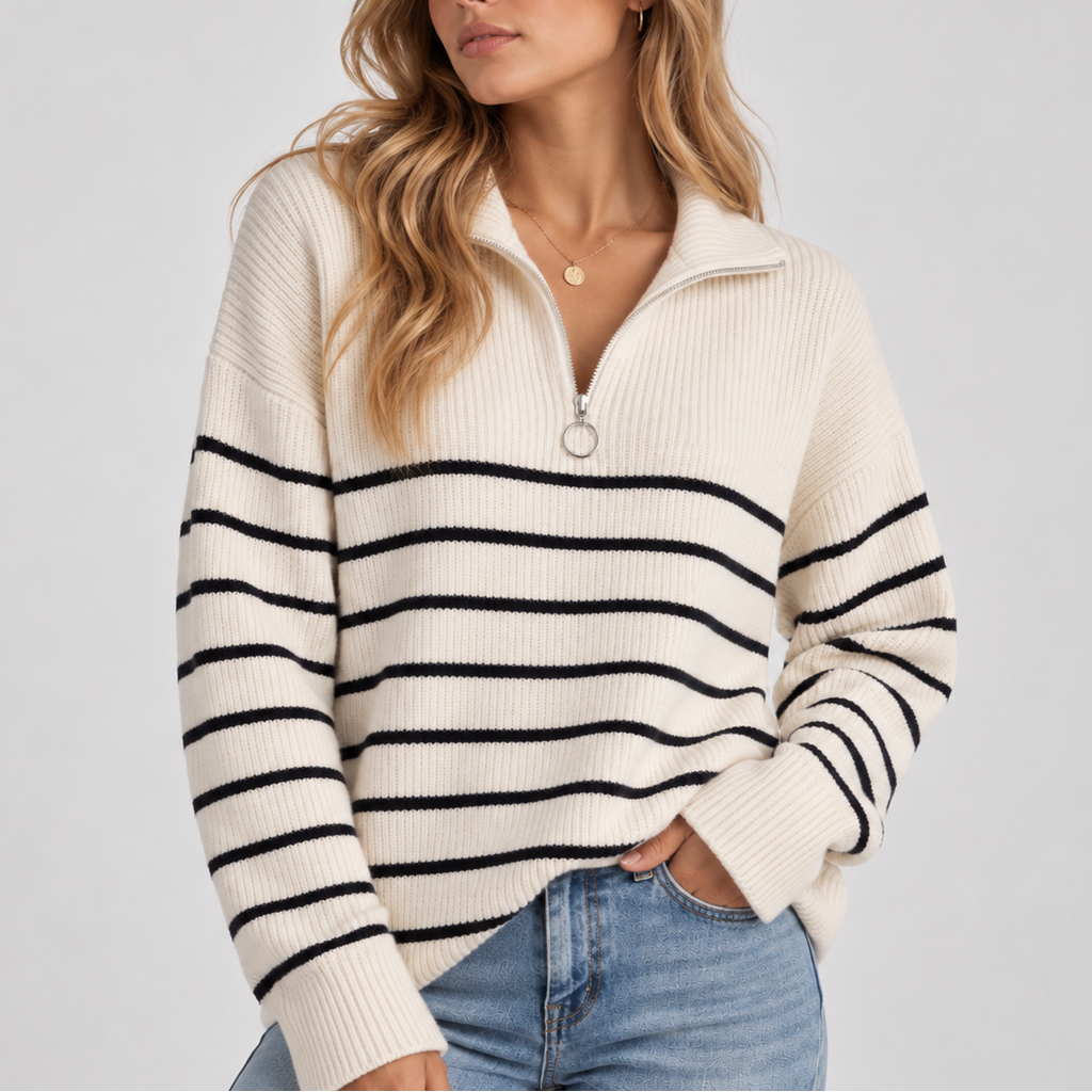 Women's Striped Quarter Zip Knit Sweater – Cozy Relaxed Fit Pullover-CLAYRY