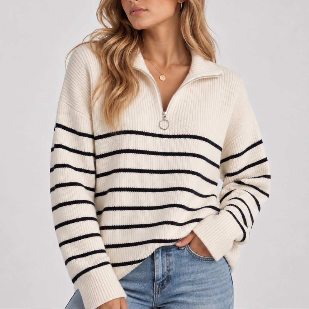Women's Striped Quarter Zip Knit Sweater – Cozy Relaxed Fit Pullover-CLAYRY