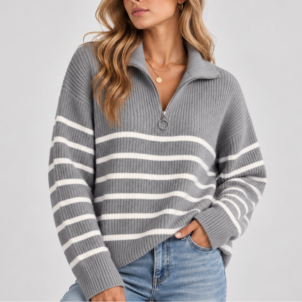 Women's Striped Quarter Zip Knit Sweater – Cozy Relaxed Fit Pullover-CLAYRY