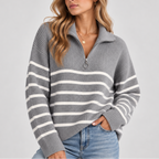 Women's Striped Quarter Zip Knit Sweater – Cozy Relaxed Fit Pullover-CLAYRY